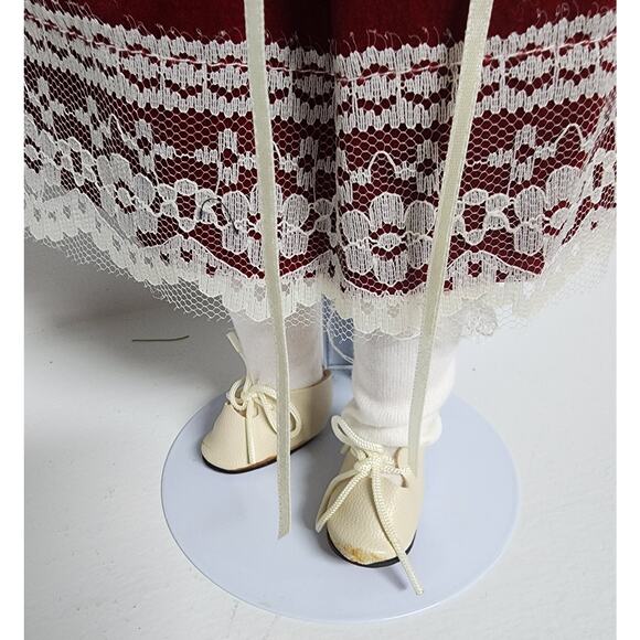 Vintage Tender Hearts Porcelain Doll No. 594 Red Velvet Lace Dress w/ Stand - Picture 10 of 10